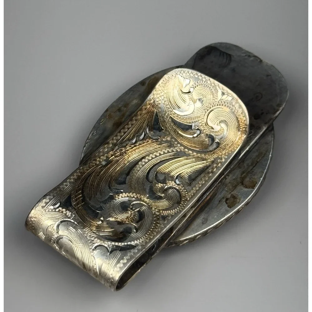 Sterling Silver Black Onyx Money Clip Vintage Hand Engraved Western 45.7g